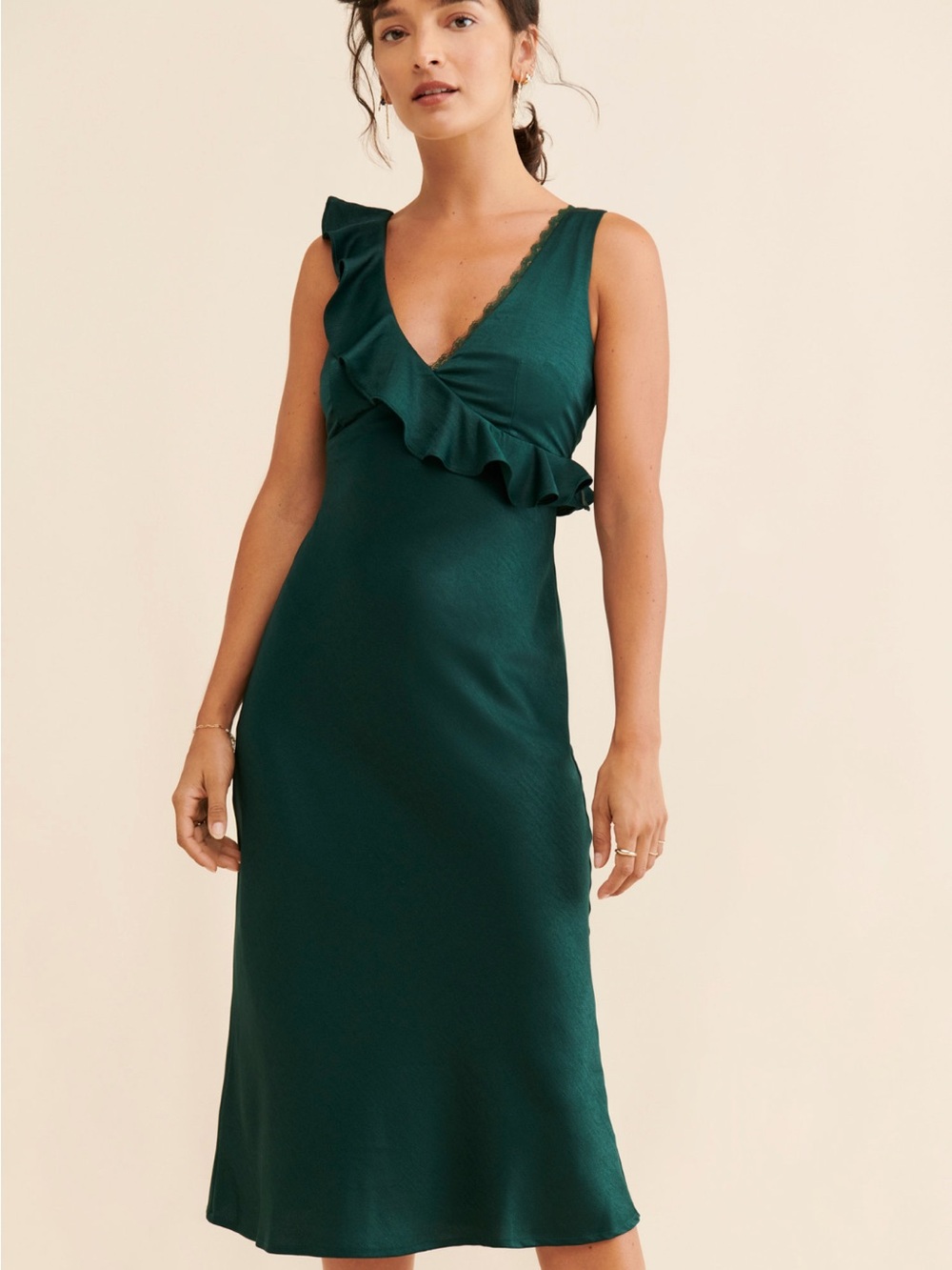 Green Ruffle V-Neck Calla Midi Dress